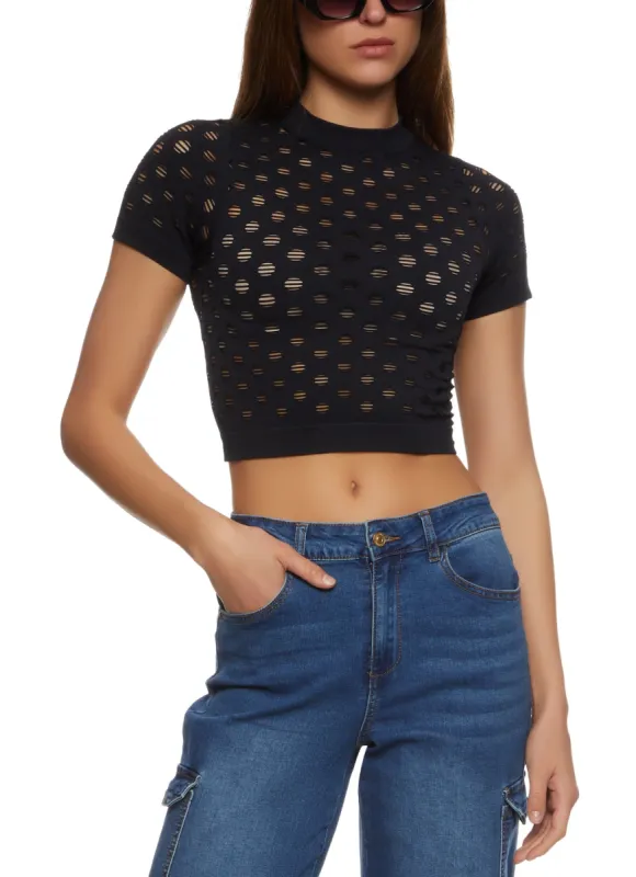 Seamless Mock Neck Cut Out Cropped Tee sold by Rainbow