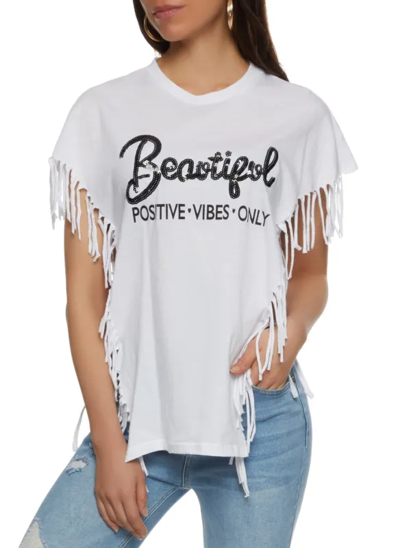 Beautiful Positive Vibes Only Sequin Fringe Graphic Top sold by Rainbow