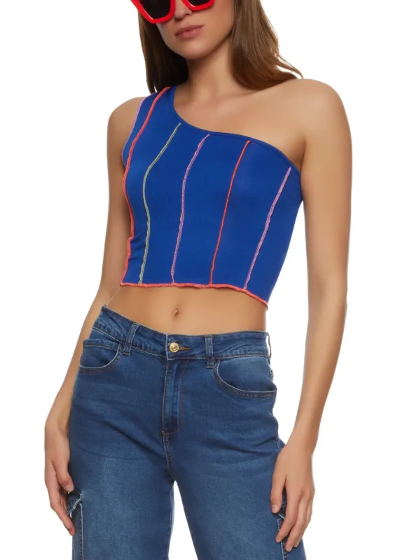 Contrast Stitch One Shoulder Crop Top sold by Rainbow