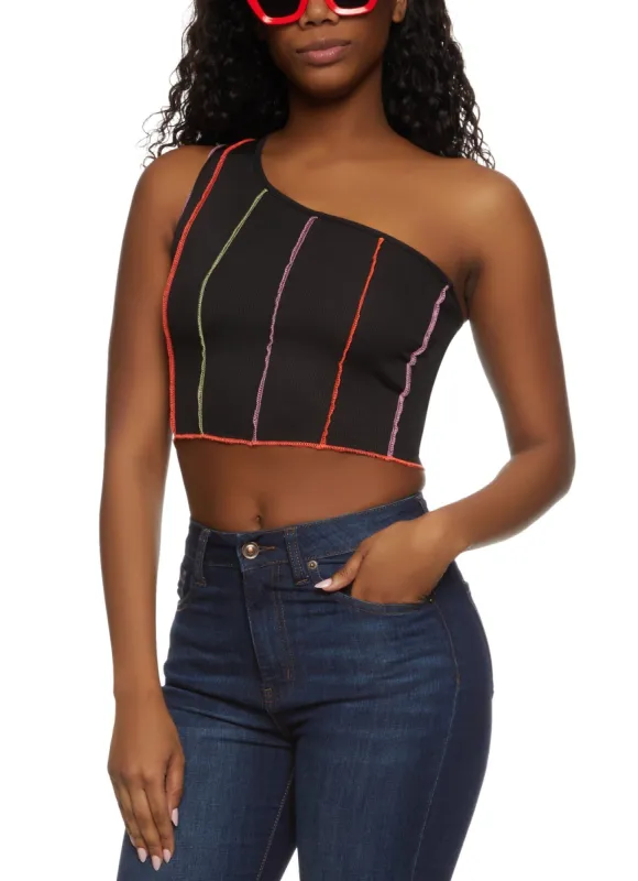 Contrast Stitch One Shoulder Crop Top sold by Rainbow