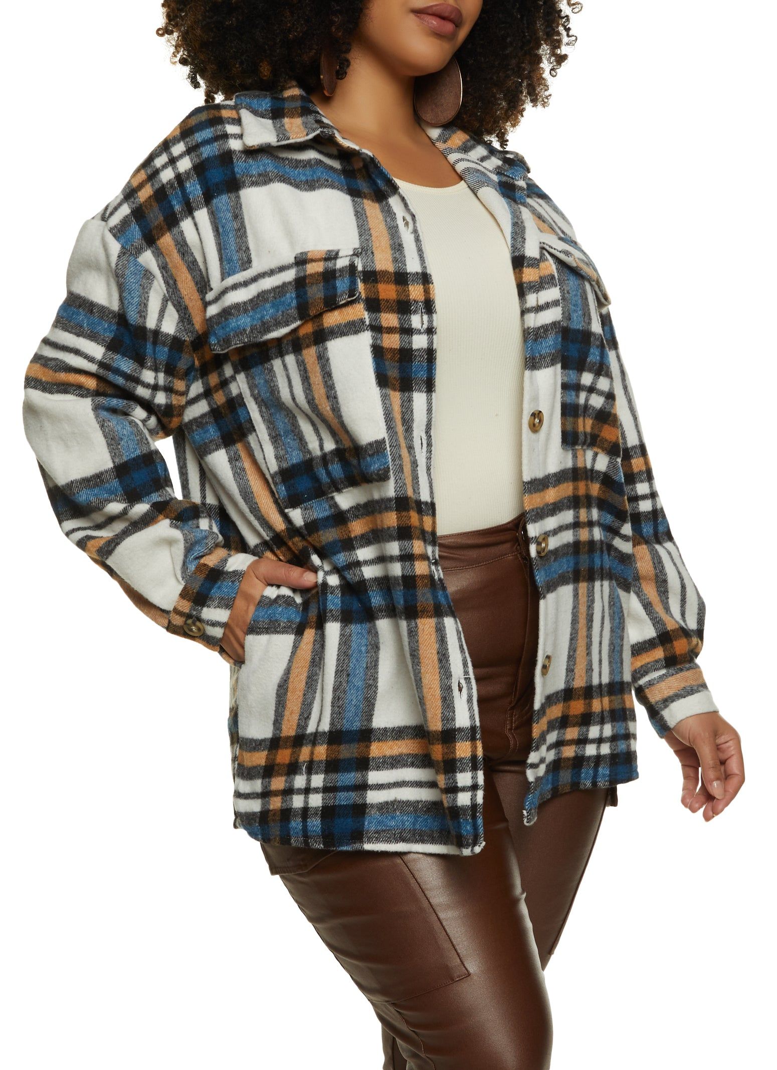 Plus Size Flannel Button Front Pocket Detail Shacket sold by Rainbow