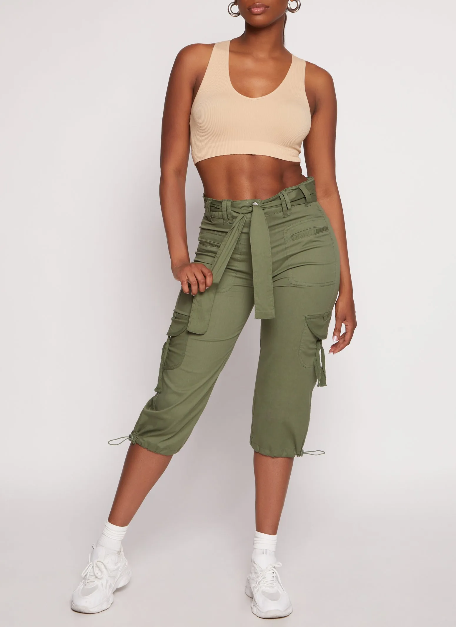 Poplin Tie Waist Capri Cargo Pants sold by Rainbow