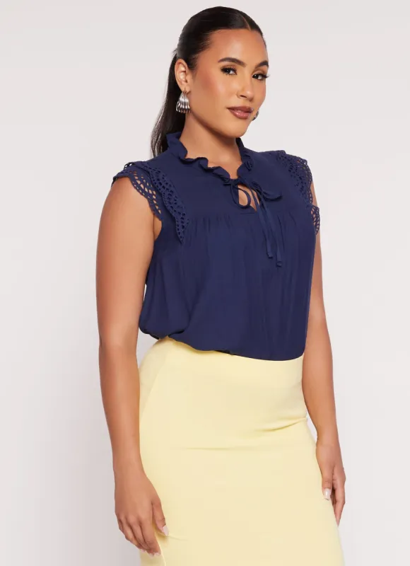 Gauze Knit Crochet Detail Tie Neck Blouse sold by Rainbow