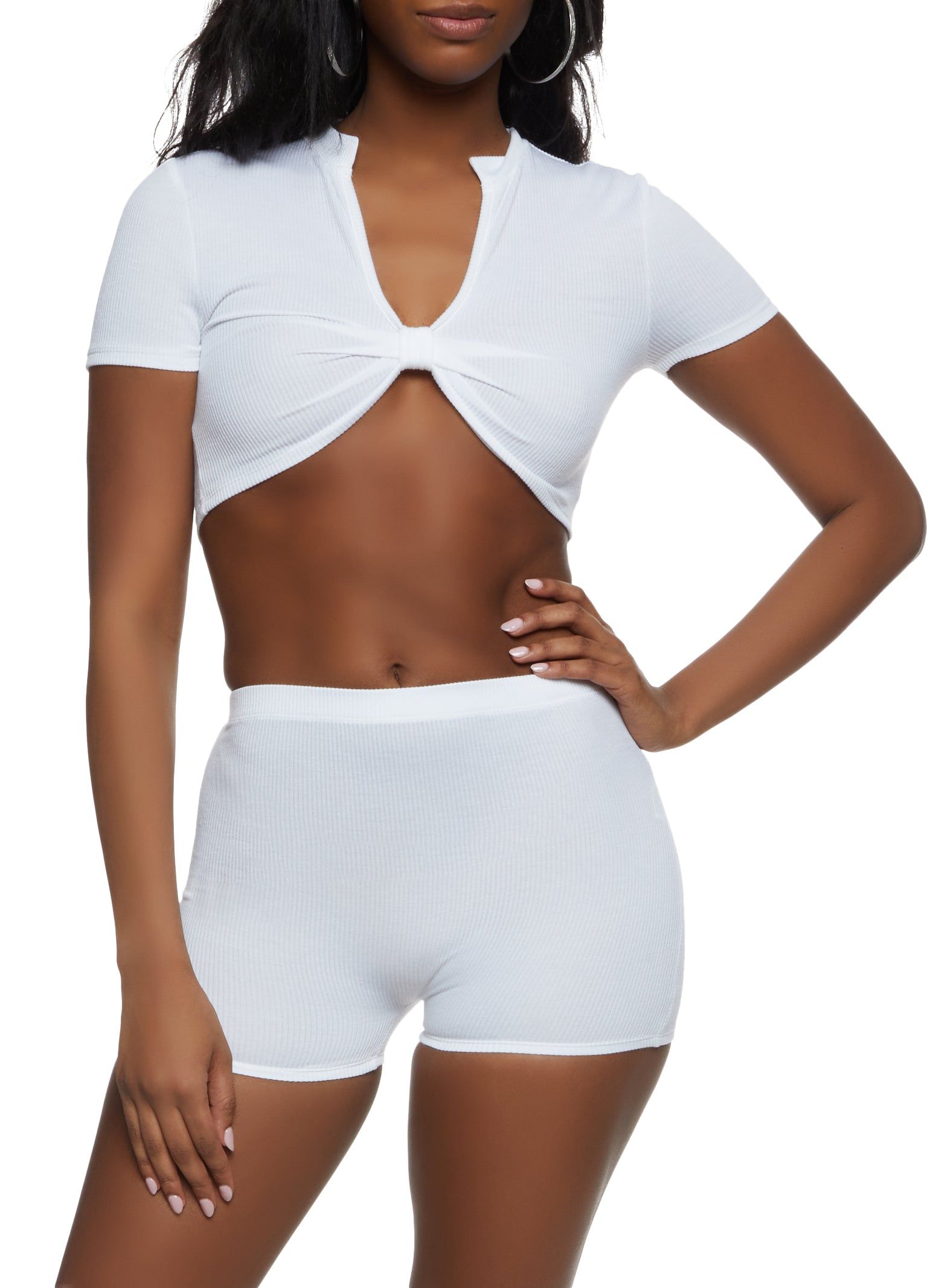 Ribbed Knot Front Crop Top and Shorts Set sold by Rainbow