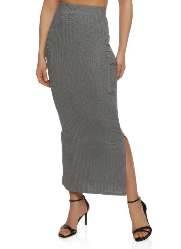 Ribbed Cargo Pocket Ruched Detail Maxi Skirt sold by Rainbow