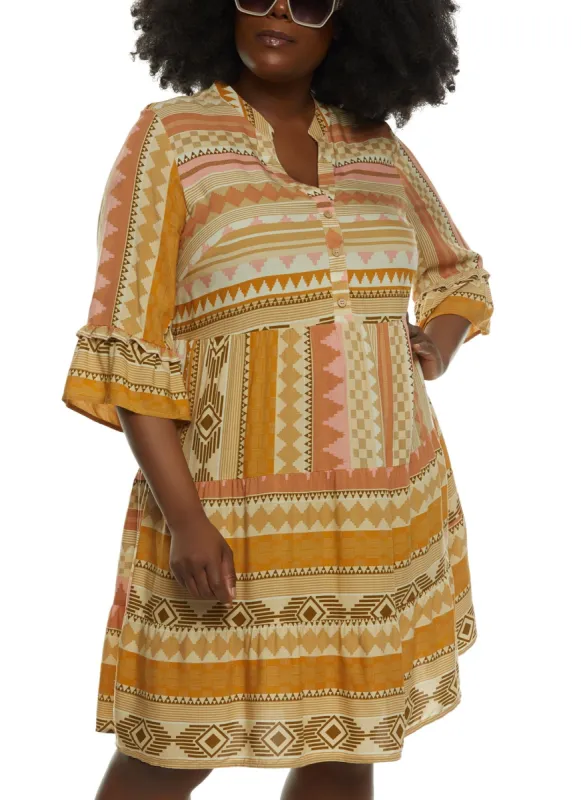 Plus Size Aztec Print Bell Sleeve Tiered Dress sold by Rainbow