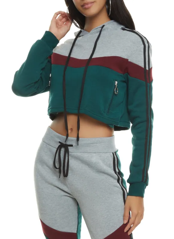 Color Block Varsity Stripe Cropped Hoodie sold by Rainbow