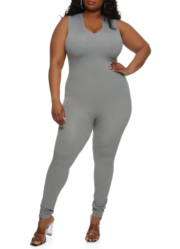 Plus Size Sleeveless V Neck Catsuit sold by Rainbow