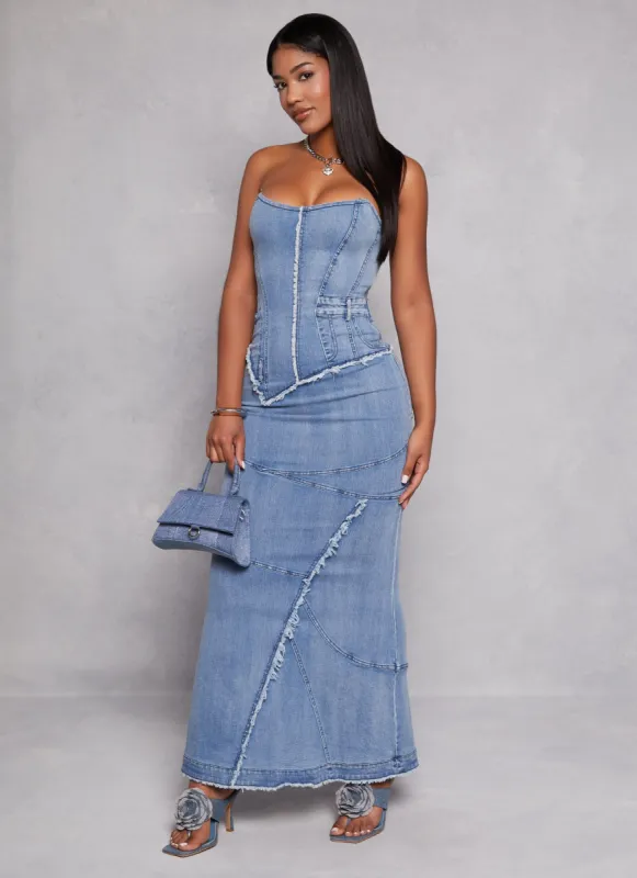 Denim Frayed Corset Maxi Dress sold by Rainbow