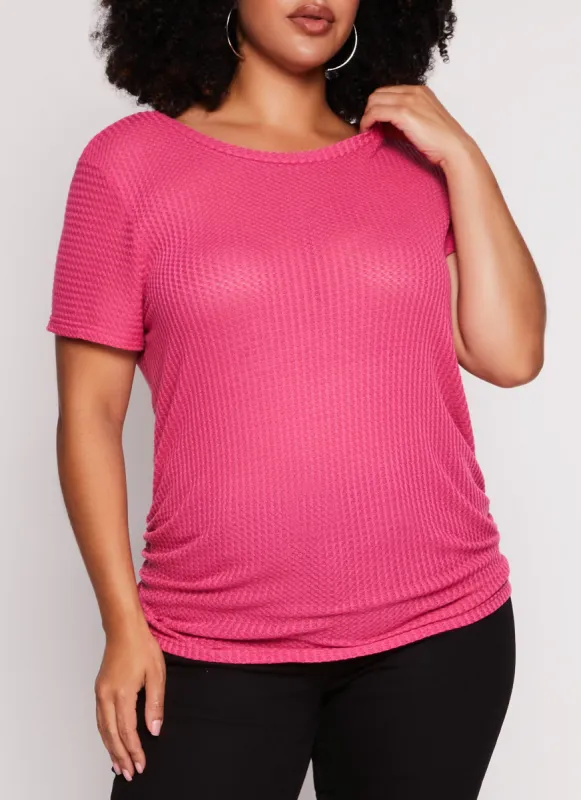 Plus Size Waffle Knit Crew Neck Ruched Tee sold by Rainbow