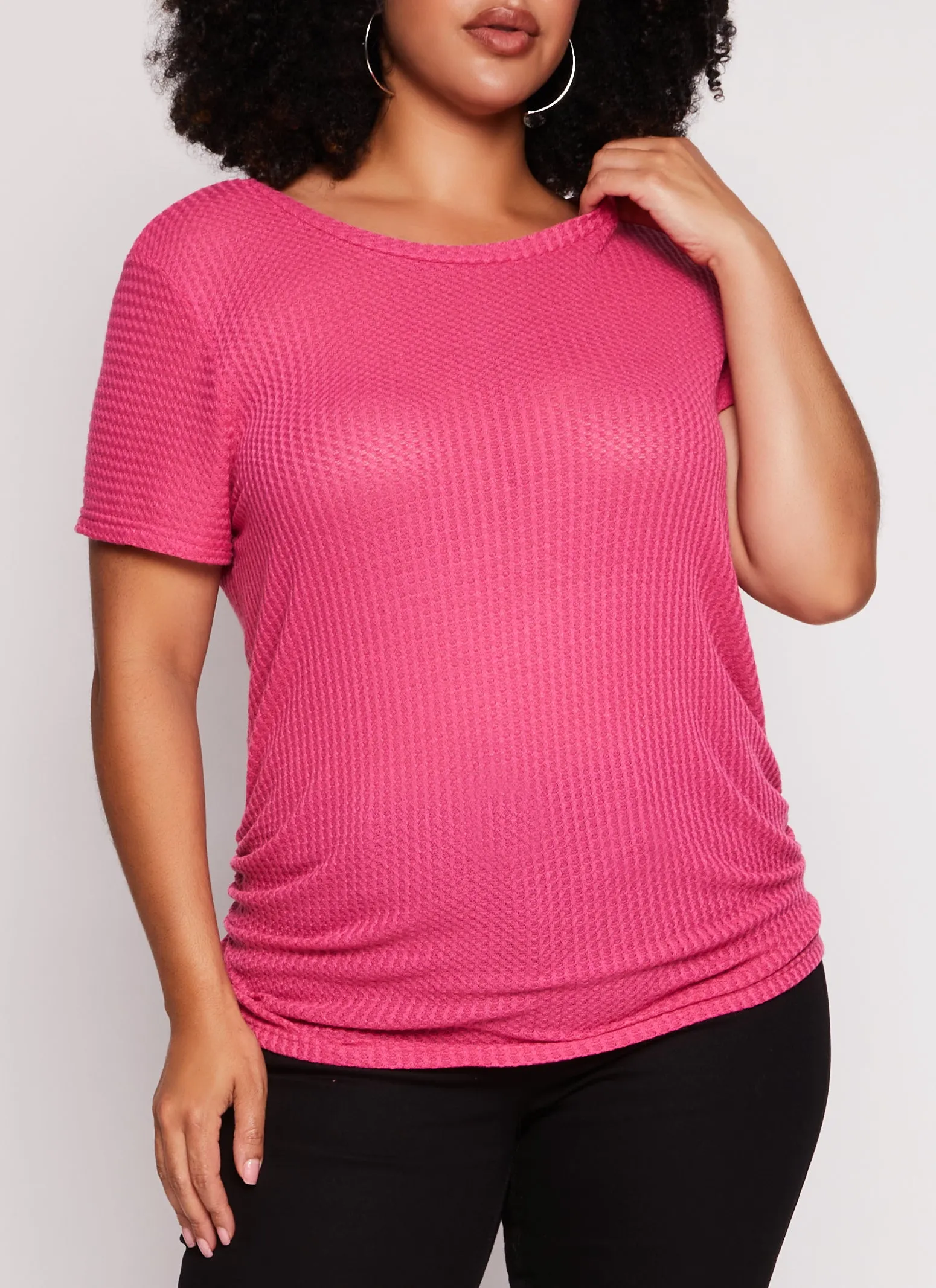 Plus Size Waffle Knit Crew Neck Ruched Tee sold by Rainbow