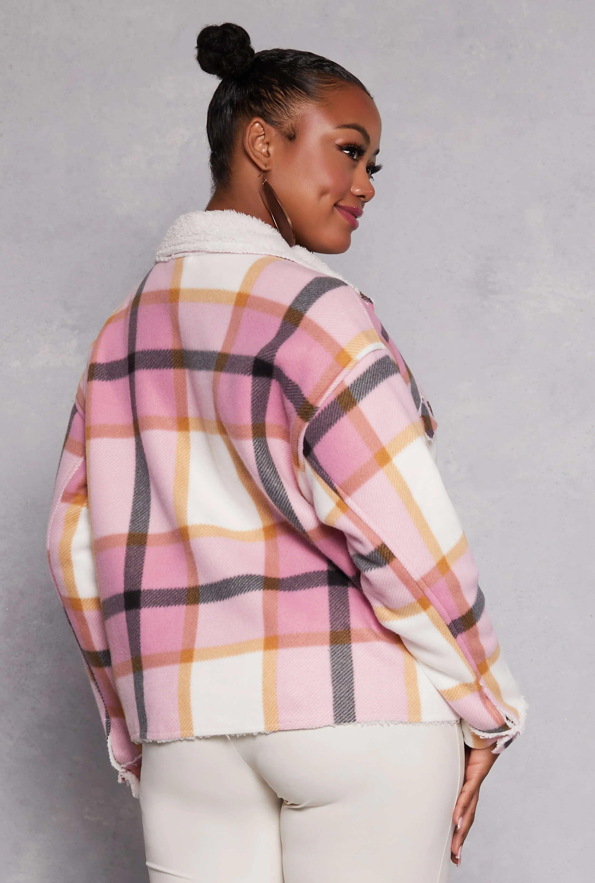 Plus Size Plaid Sherpa Lined Raw Hem Shacket sold by Rainbow product image thumbnail 3