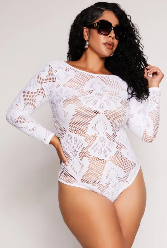 Plus Size Seamless Lace Long Sleeve Bodysuit sold by Rainbow