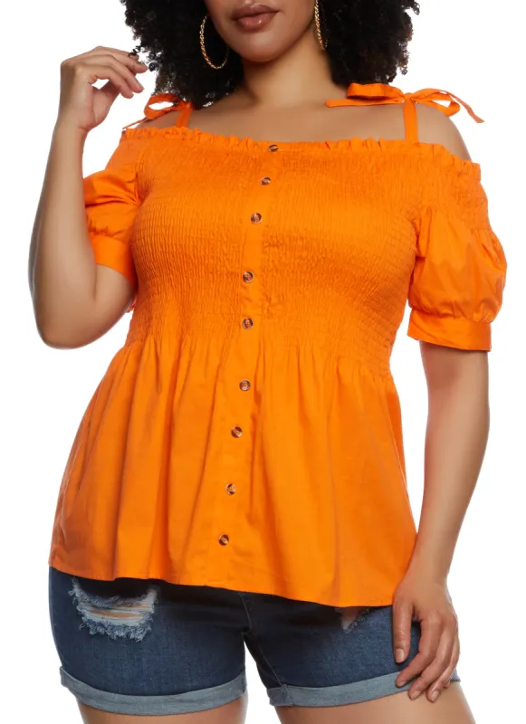 Plus Size Smocked Tie Strap Cold Shoulder Top sold by Rainbow