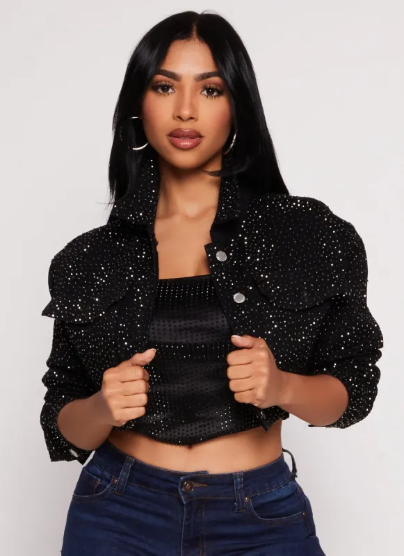 Daisy Rhinestone Cropped Jean Jacket sold by Rainbow