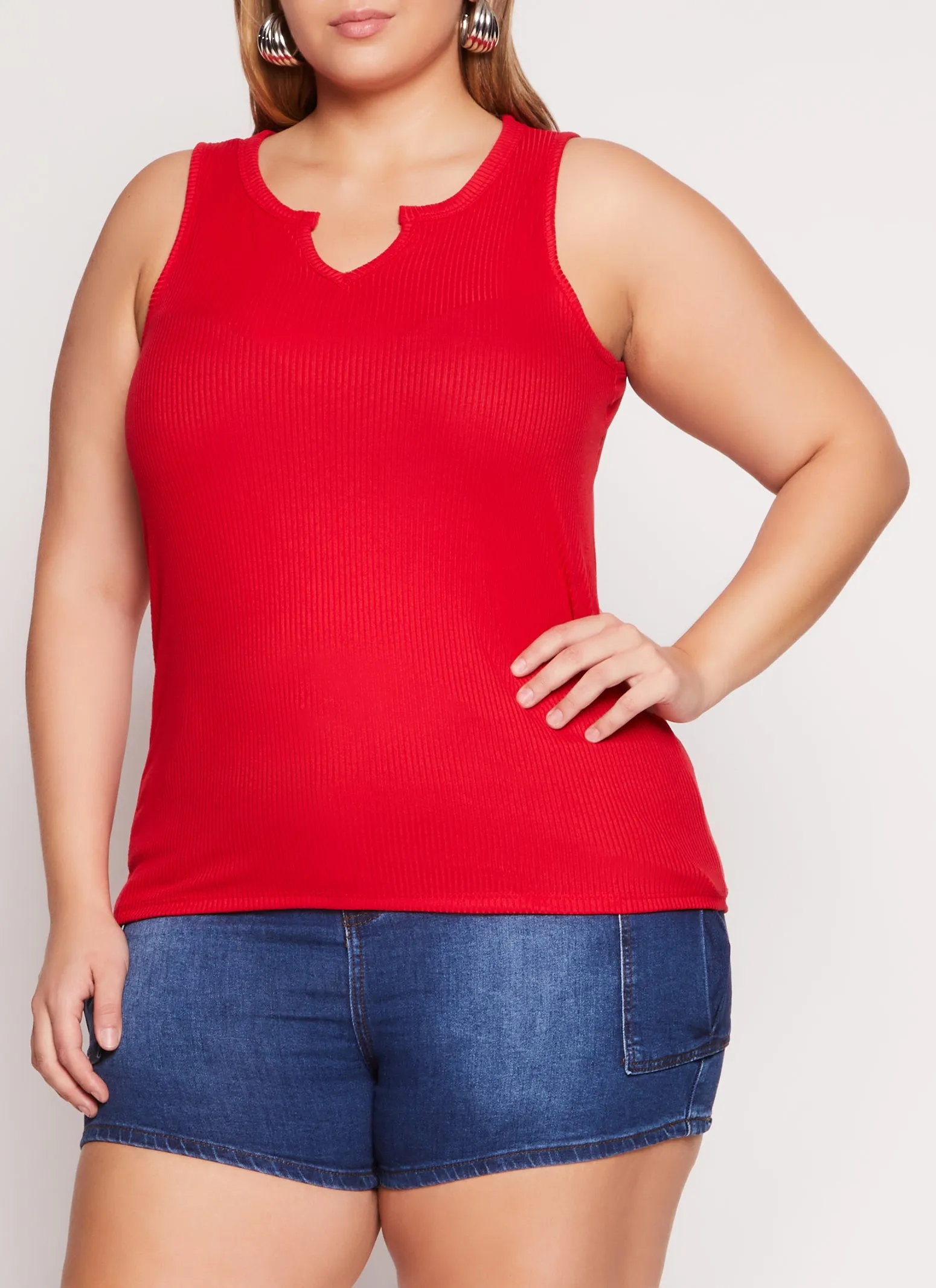 Plus Size Rib Knit Notch Neck Tank Top sold by Rainbow