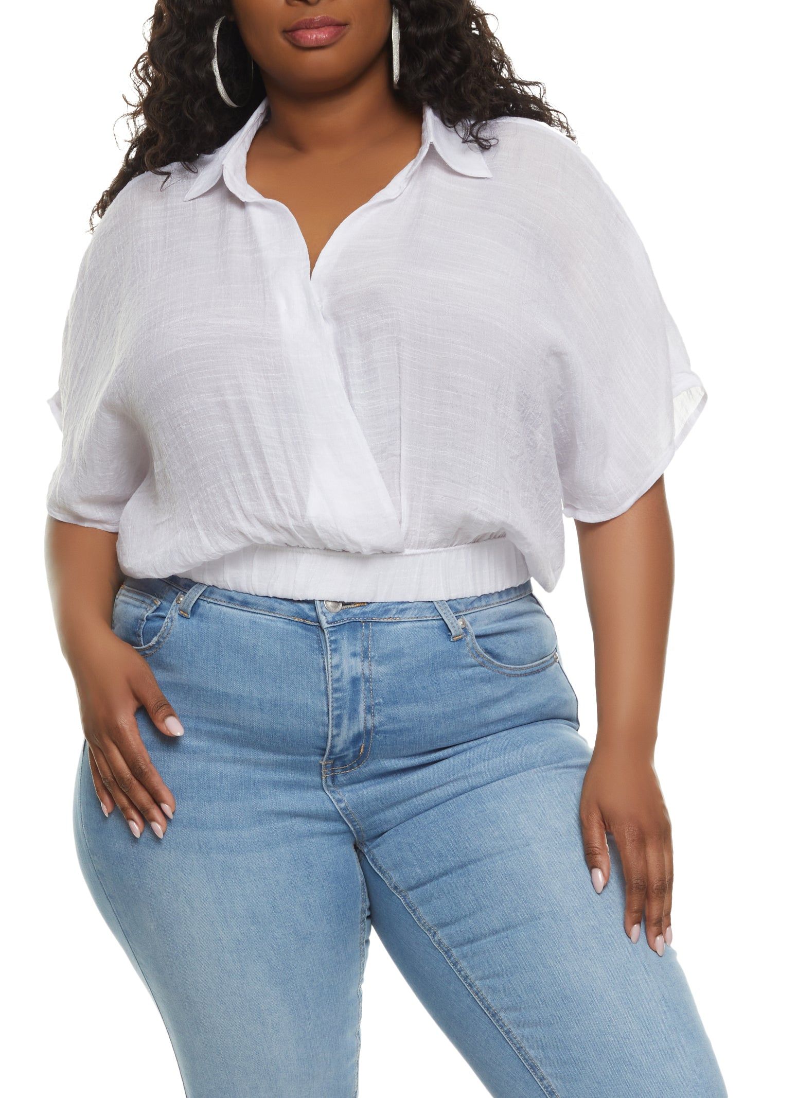 Plus Size Elastic Waist Cropped V Neck Shirt sold by Rainbow
