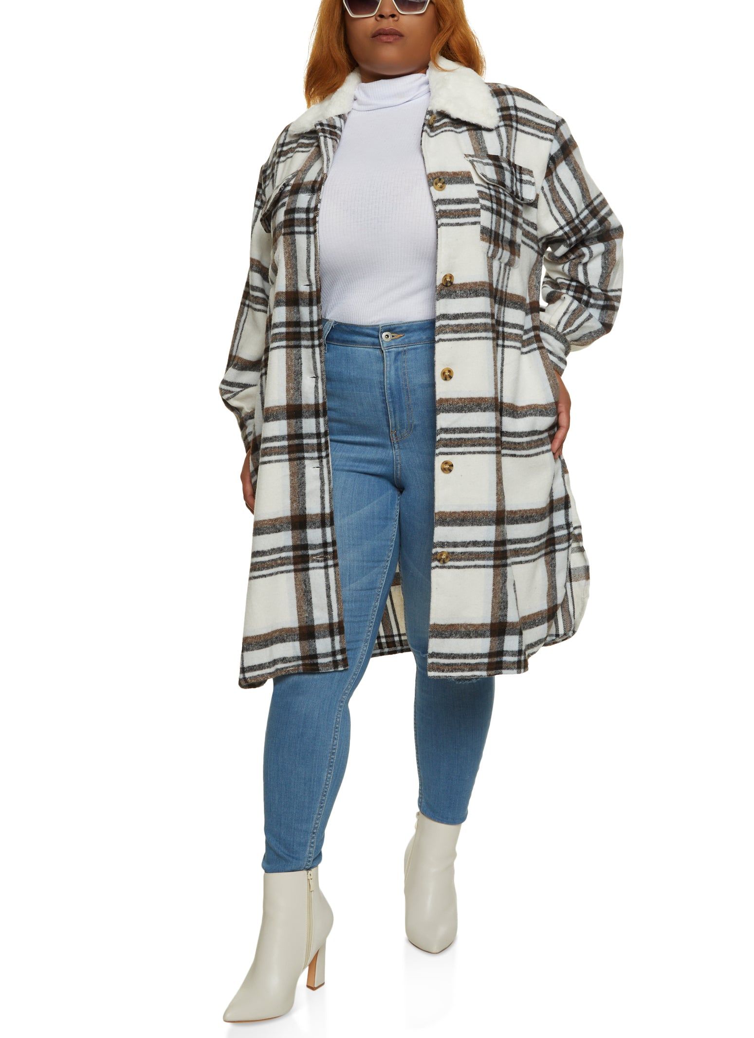 Plus Size Faux Fur Collar Plaid Print Shacket sold by Rainbow product image thumbnail 2