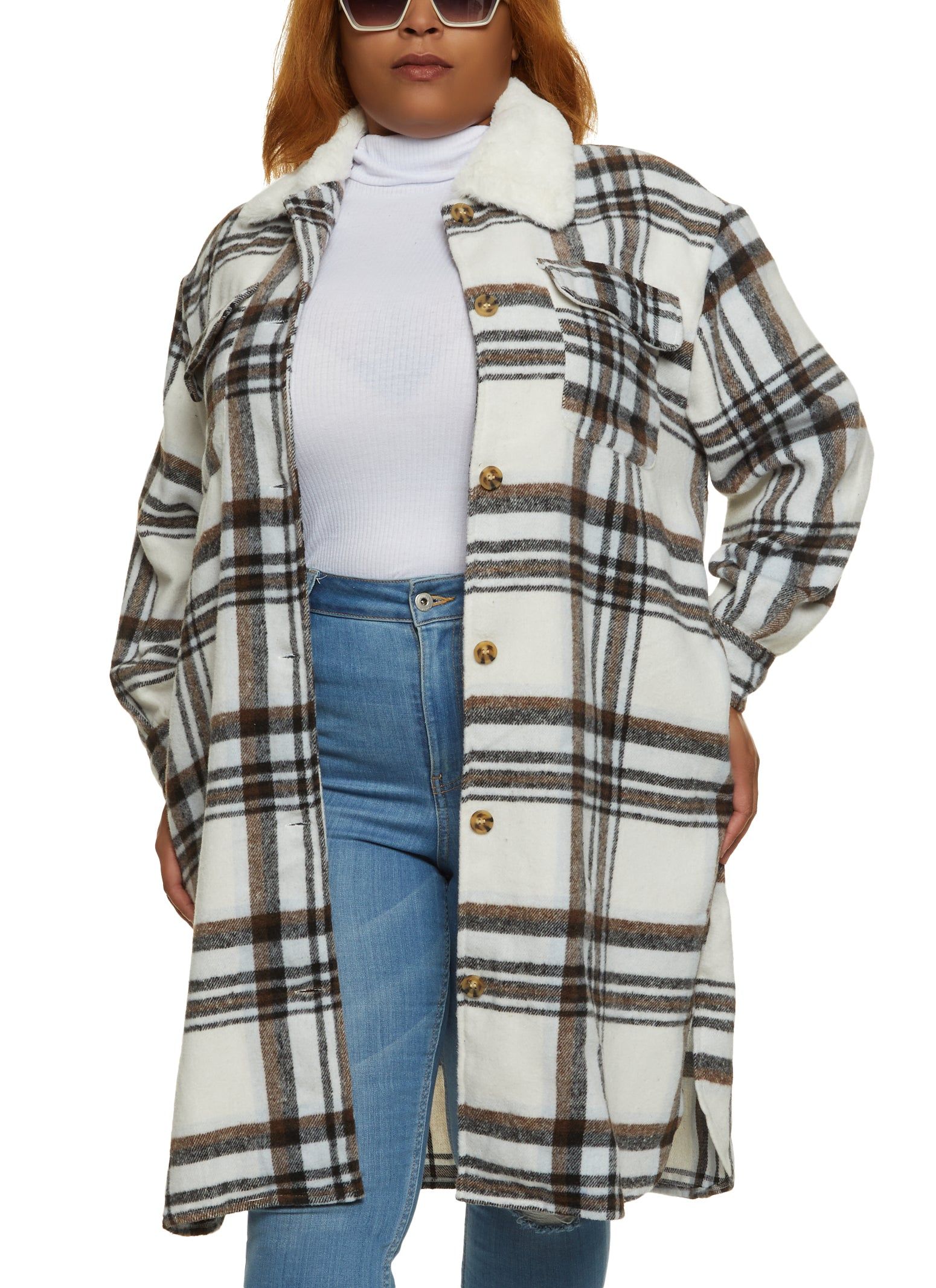 Plus Size Faux Fur Collar Plaid Print Shacket sold by Rainbow