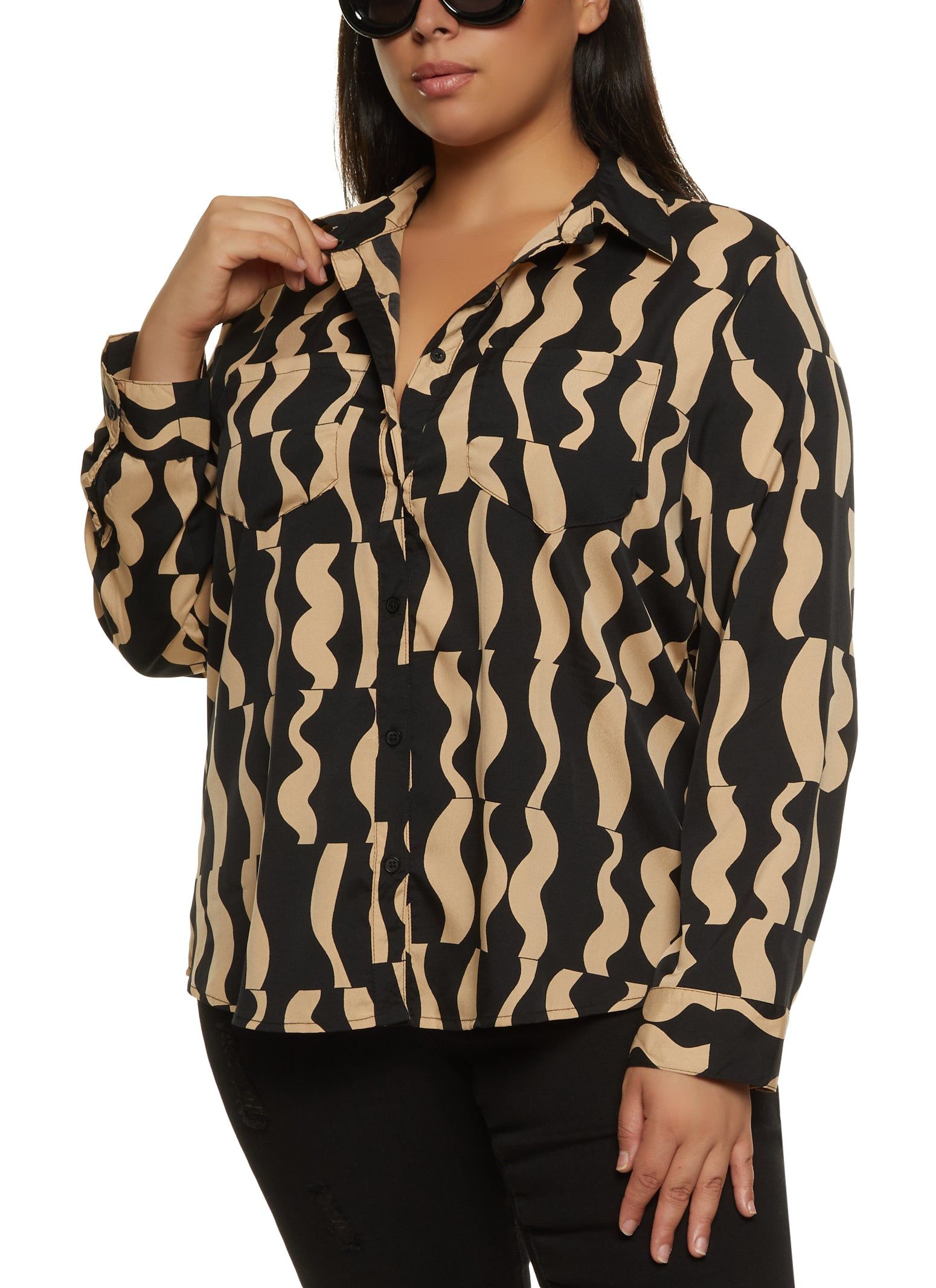 Plus Size Printed Button Front Shirt sold by Rainbow