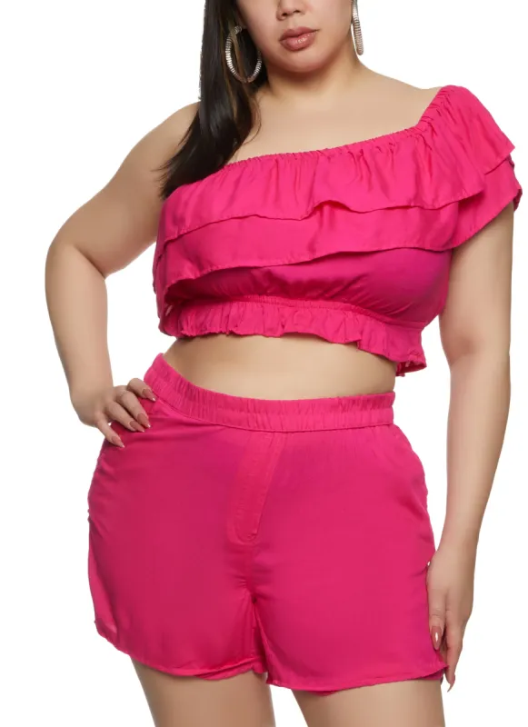 Plus Size Tiered Ruffled One Shoulder Crop Top sold by Rainbow