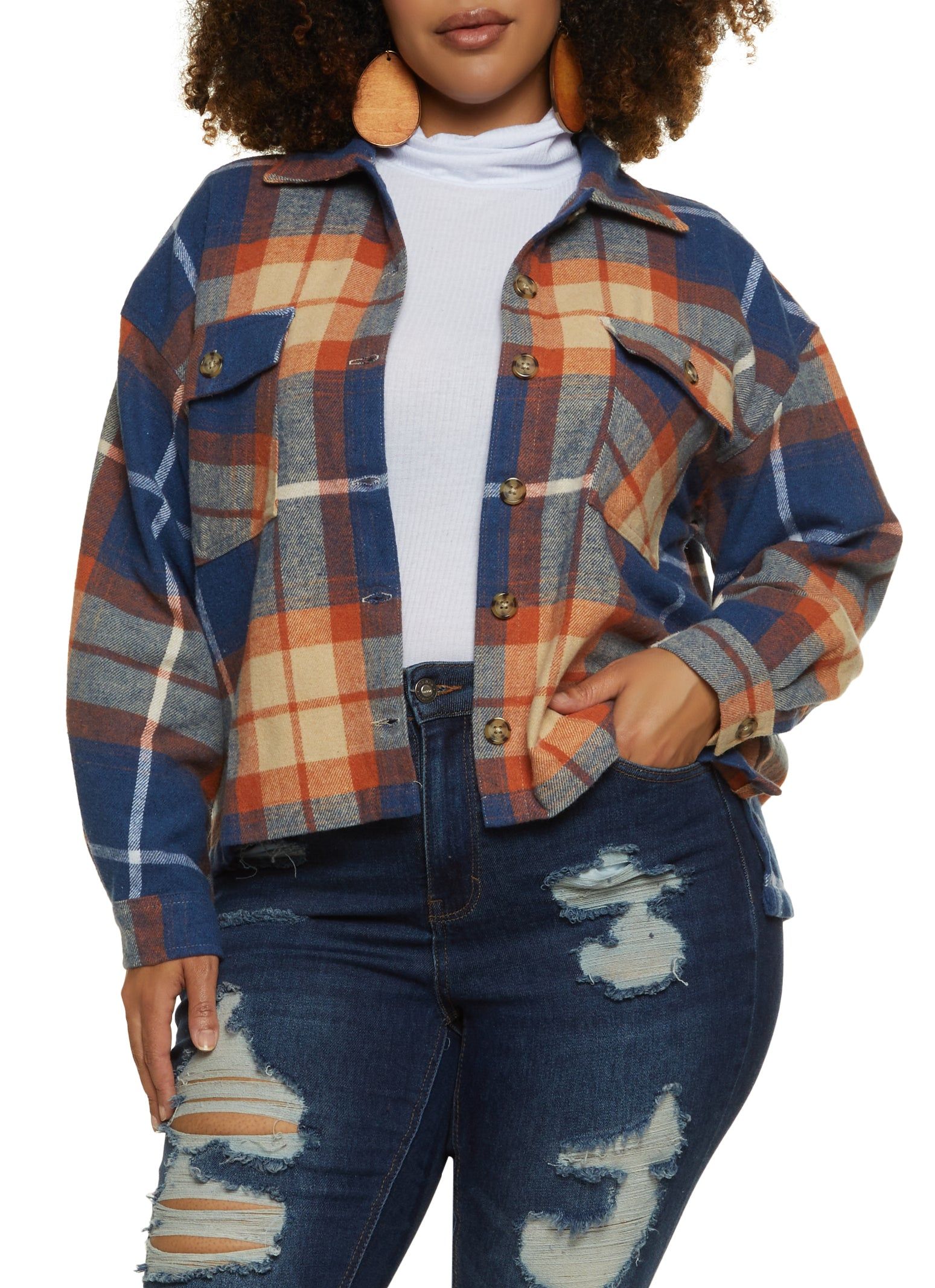 Plus Size Plaid Brushed Knit Cropped Shacket sold by Rainbow