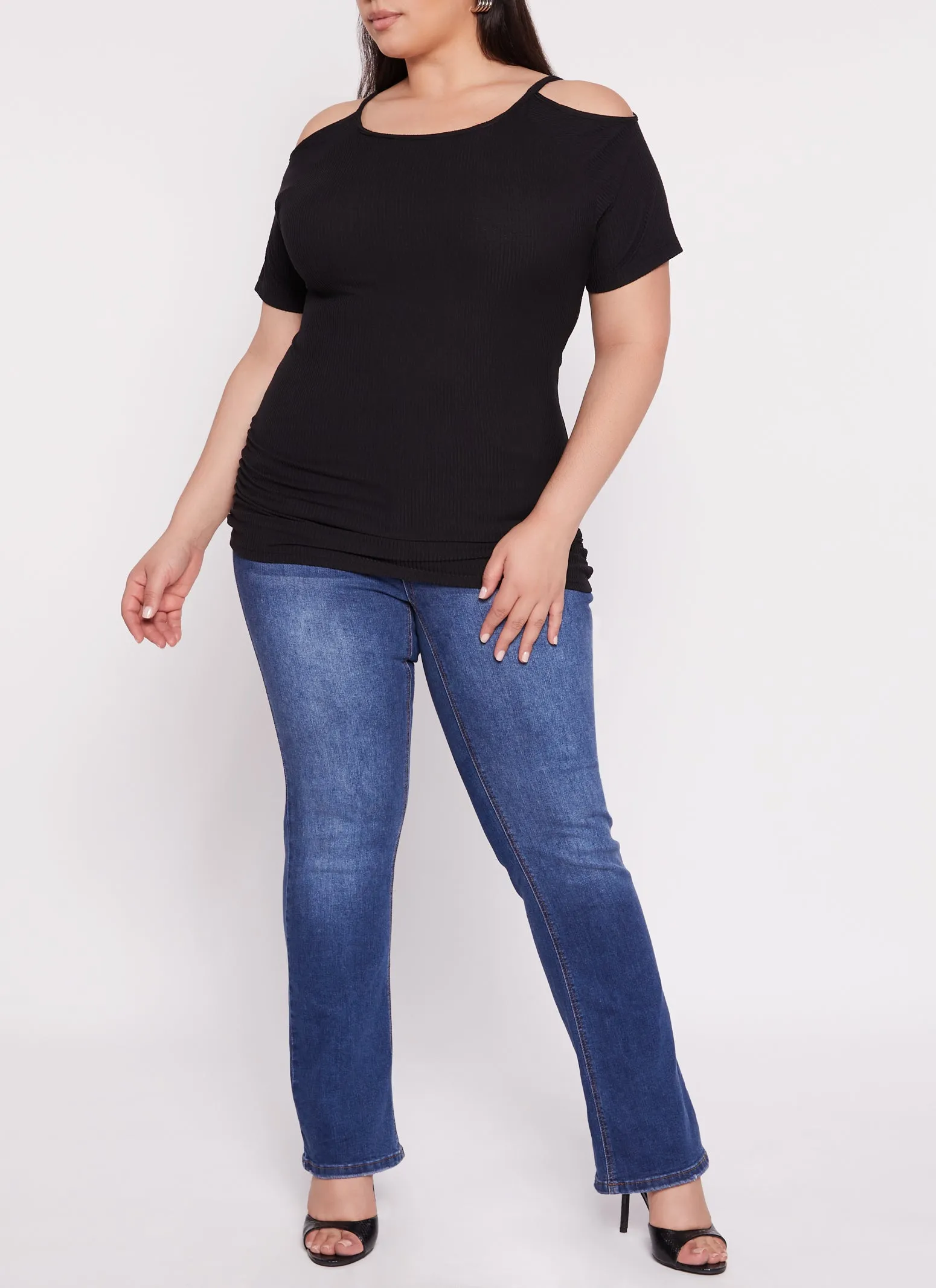 Plus Size Ribbed Cold Shoulder Ruched Short Sleeve Top sold by Rainbow product image thumbnail 2