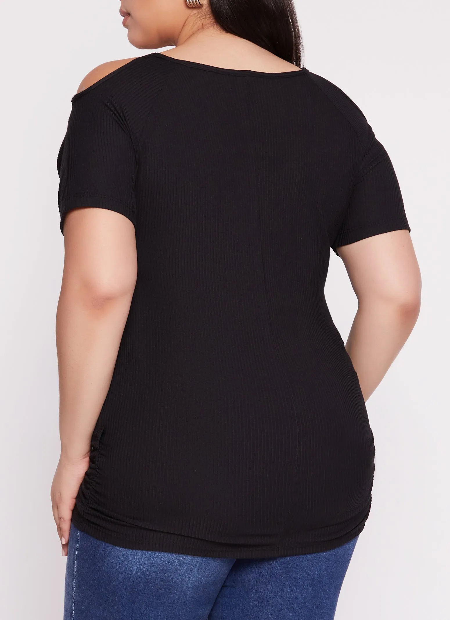Plus Size Ribbed Cold Shoulder Ruched Short Sleeve Top sold by Rainbow product image thumbnail 3