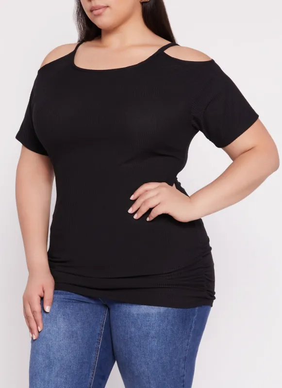 Plus Size Ribbed Cold Shoulder Ruched Short Sleeve Top sold by Rainbow