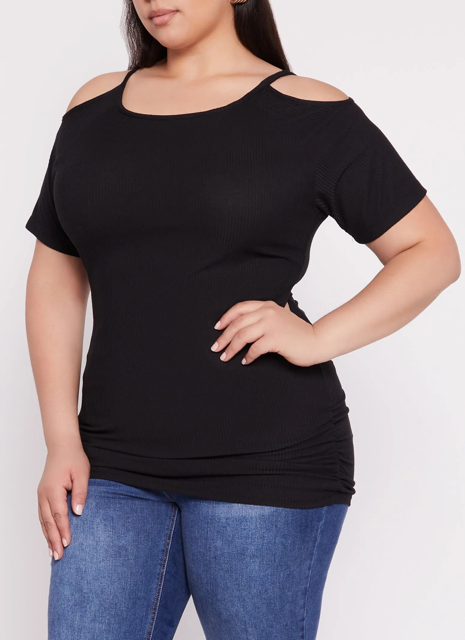 Plus Size Ribbed Cold Shoulder Ruched Short Sleeve Top sold by Rainbow