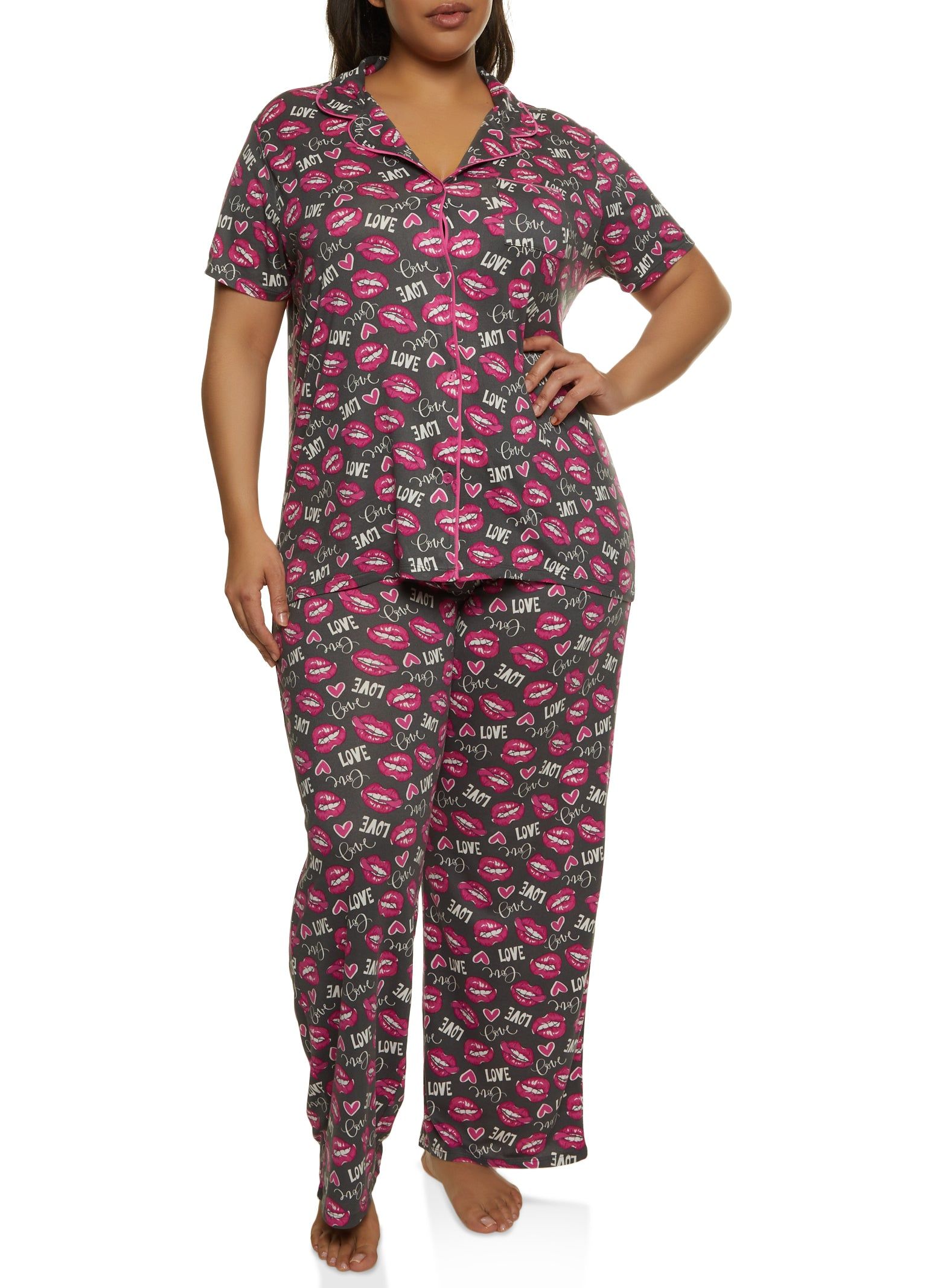 Plus Size Love Lip Print Pajama Shirt and Pants sold by Rainbow
