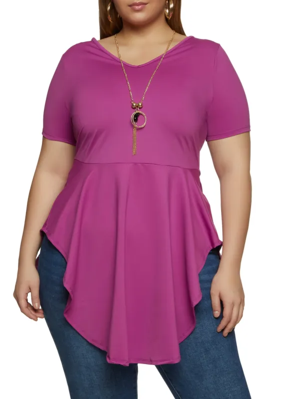 Plus Size Hanky Hem Peplum Top with Necklace sold by Rainbow