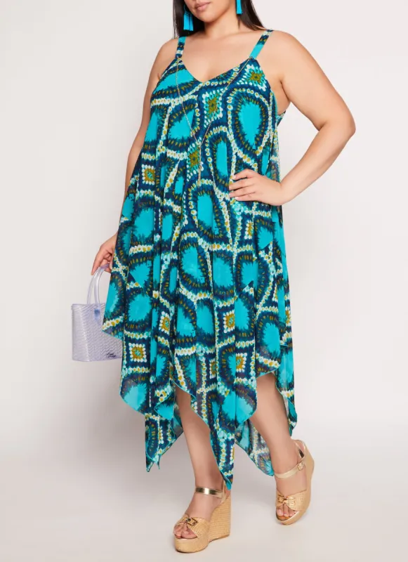 Plus Size Printed V Neck Handkerchief Hem Maxi Dress sold by Rainbow
