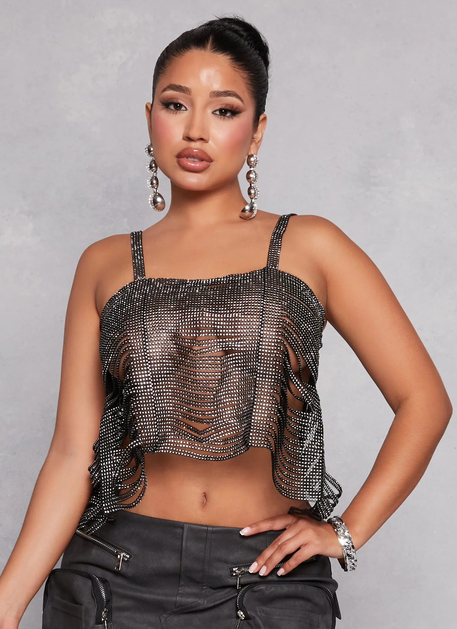 Rhinestone Studded Caged Crop Top sold by Rainbow