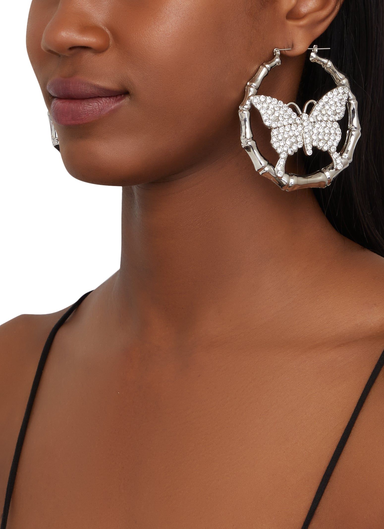 Butterfly Rhinestone Metallic Bamboo Hoop Earrings sold by Rainbow