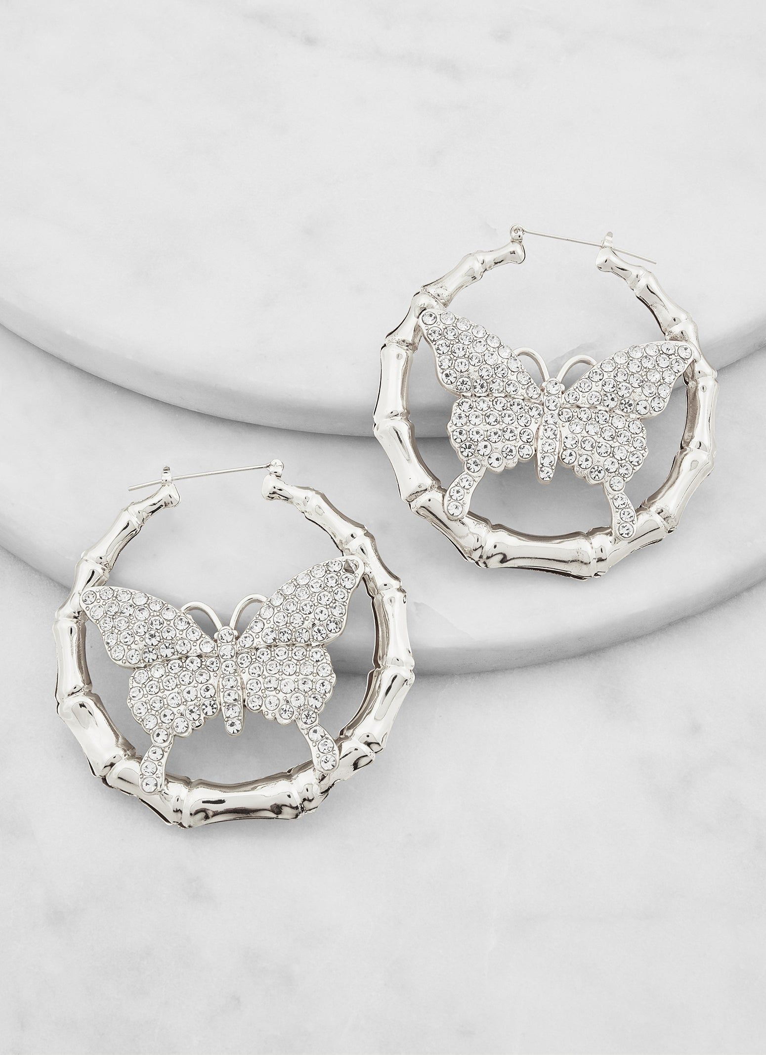Butterfly Rhinestone Metallic Bamboo Hoop Earrings sold by Rainbow product image thumbnail 3