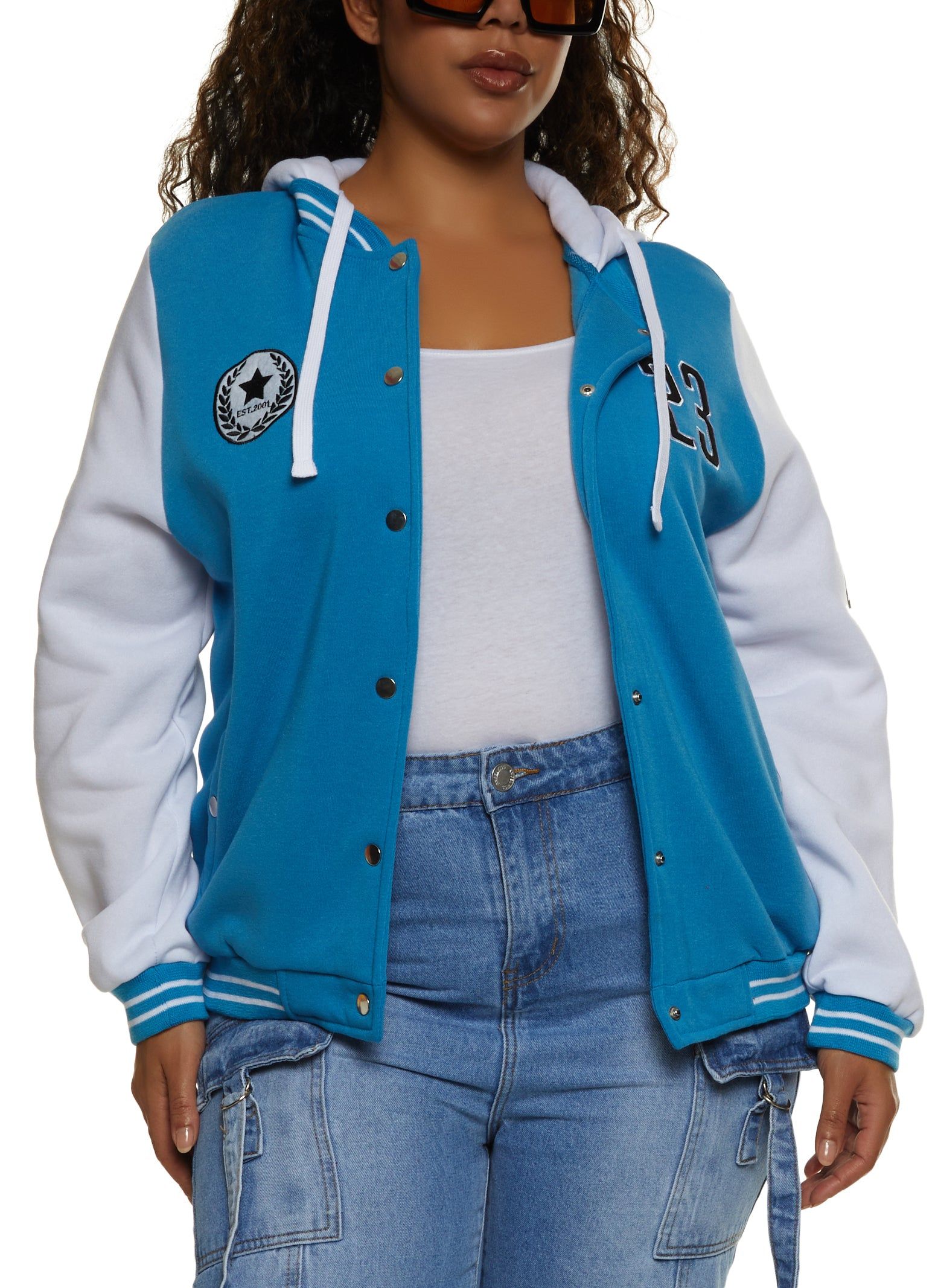 Plus Size 23 Patch Graphic Hooded Bomber Jacket sold by Rainbow