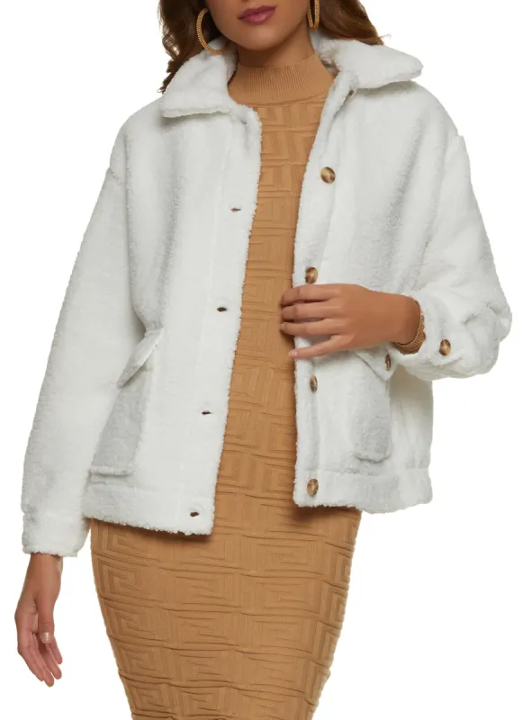 Button Down Sherpa Teddy Shacket sold by Rainbow