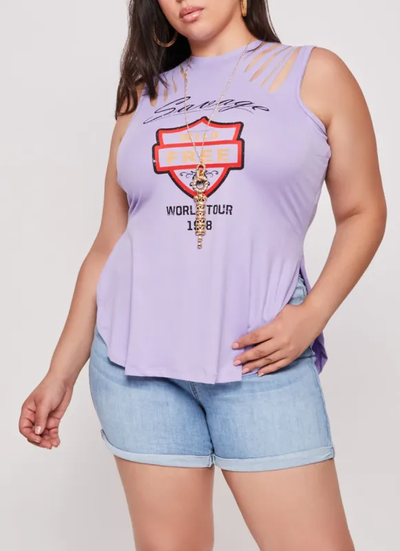 Plus Size Savage Wild Free Laser Cut Graphic Tank Top with Necklace sold by Rainbow