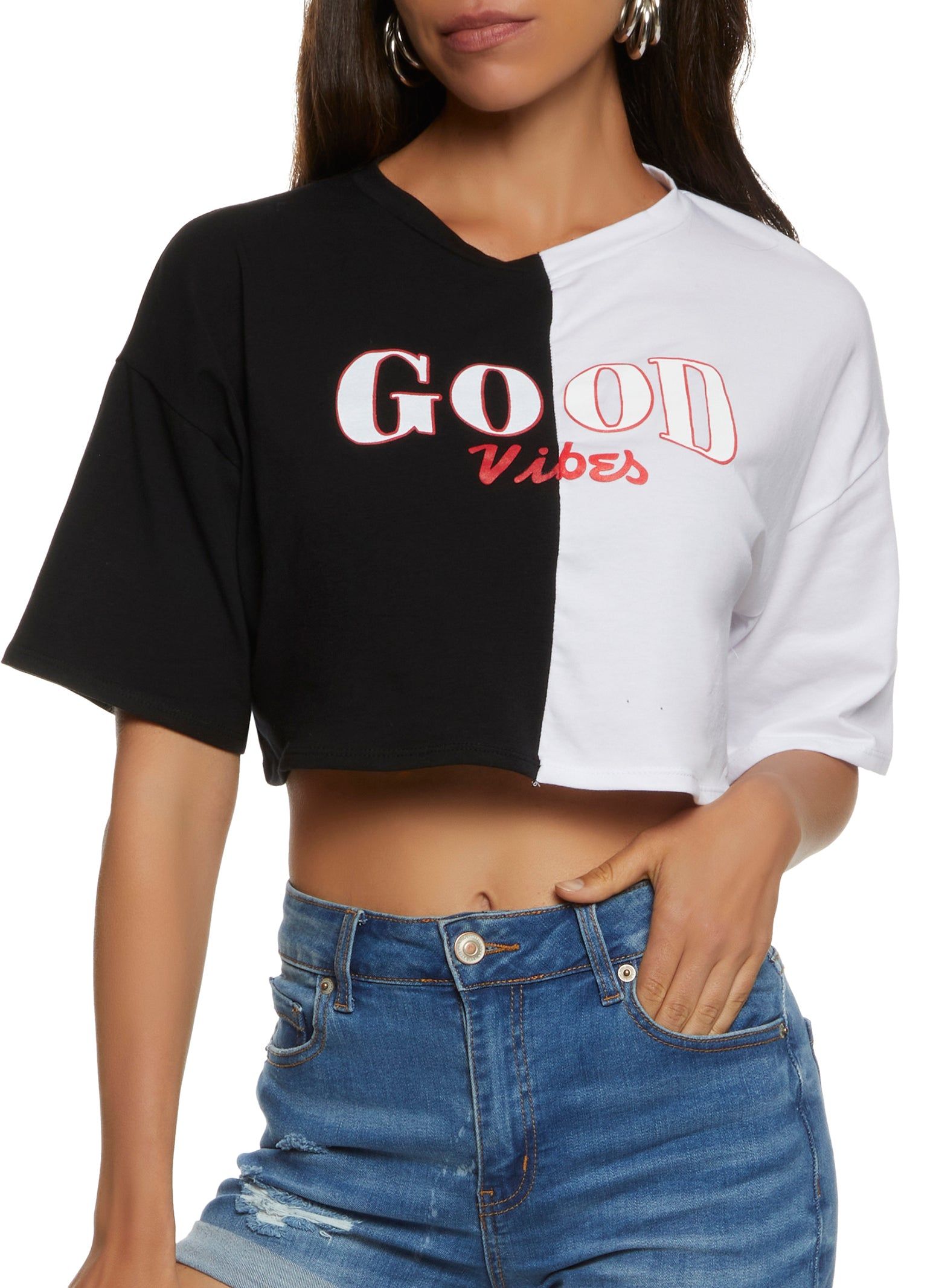 Two Tone Good Vibes Graphic Cropped Tee sold by Rainbow