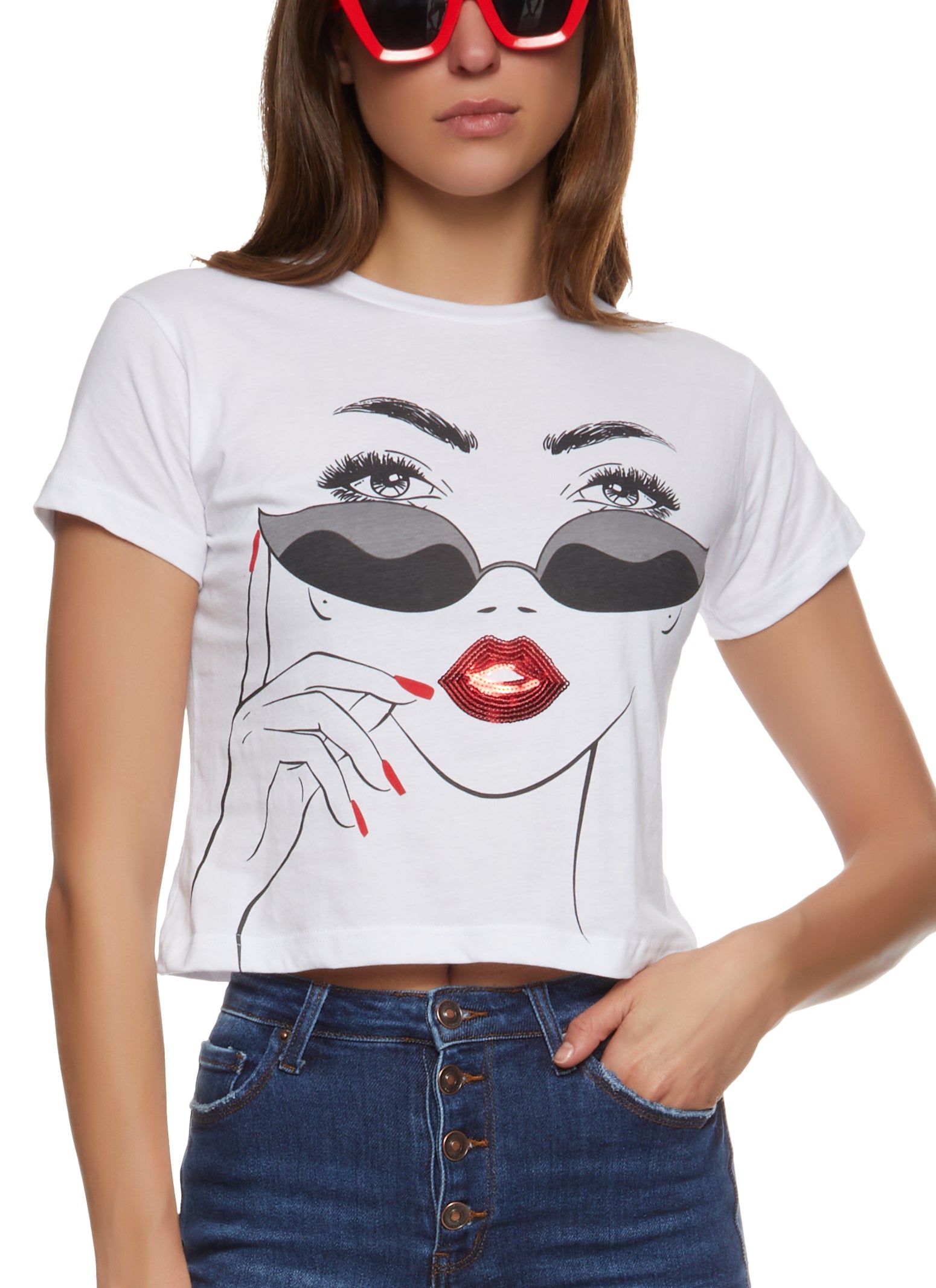 Sequin Lips Graphic Crop Top sold by Rainbow