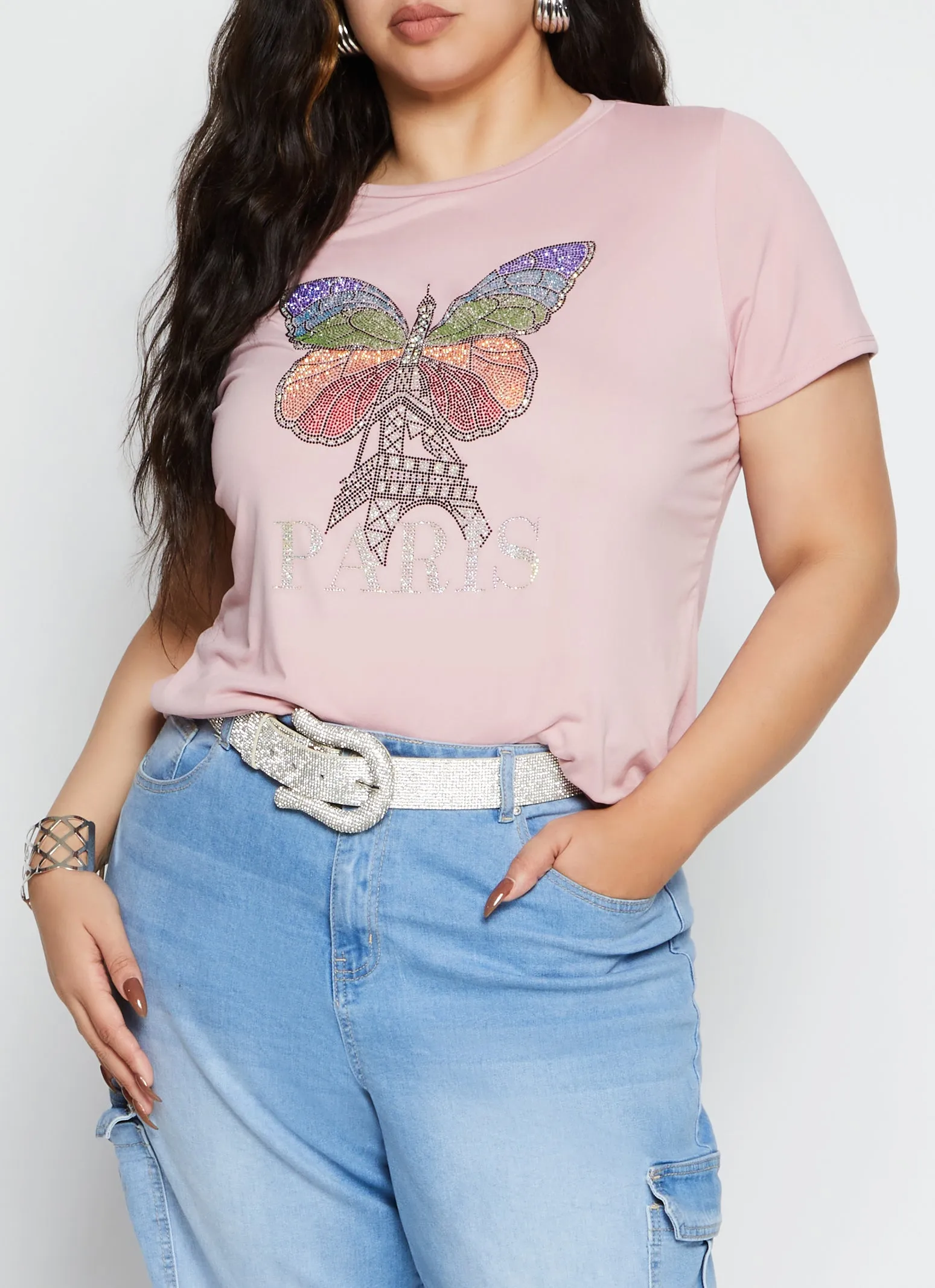 Plus Size Rhinestone Paris Eiffel Tower Butterfly Tee sold by Rainbow
