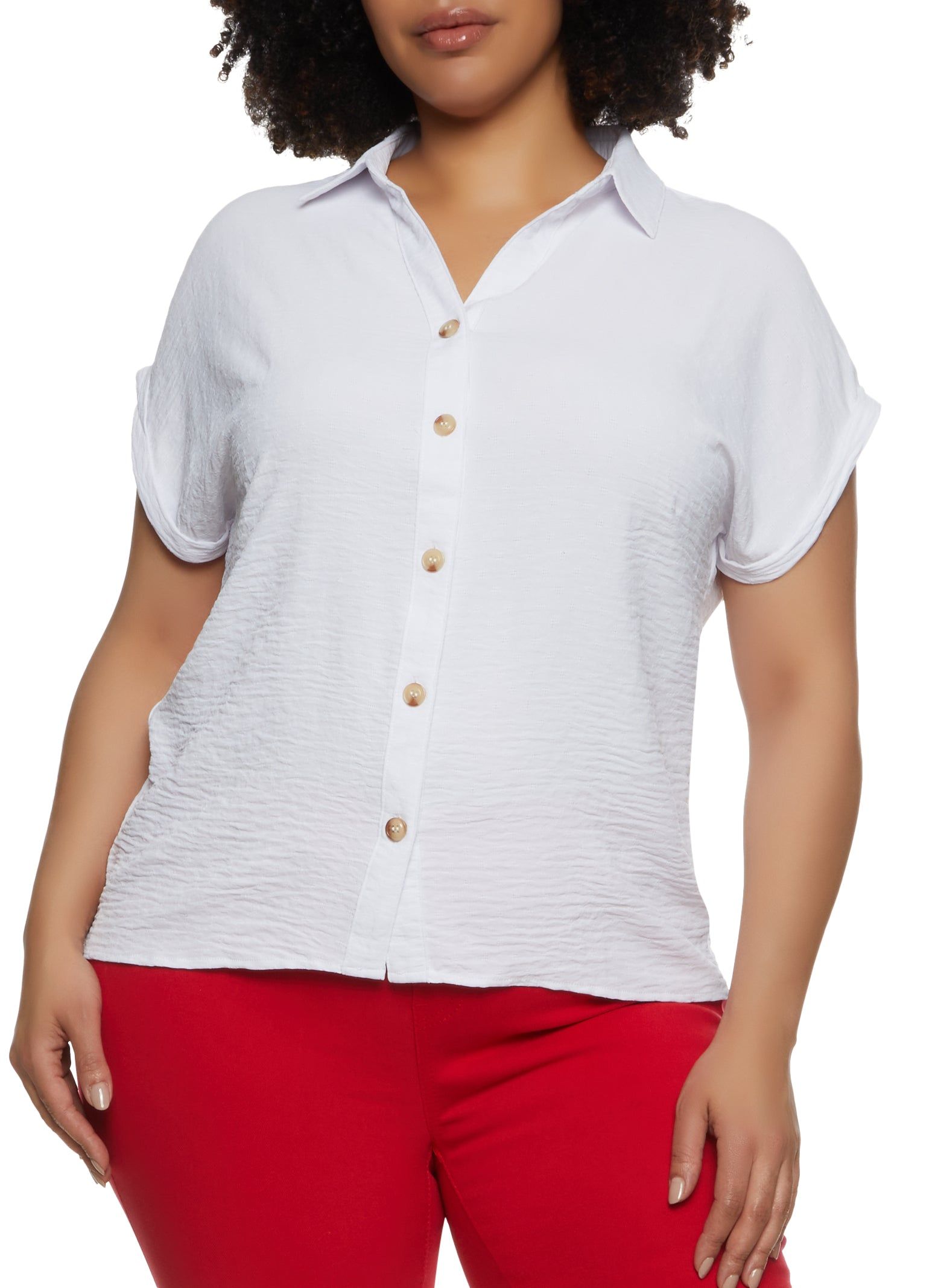 Plus Size Crepe Knit Button Front Shirt sold by Rainbow