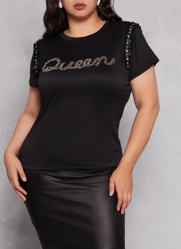 Plus Size Queen Rhinestone Ribbon Trim Graphic Tee sold by Rainbow