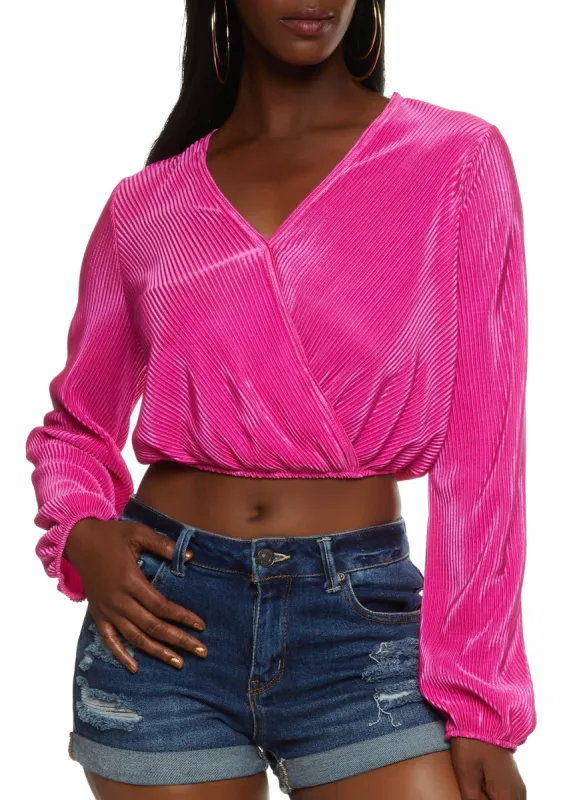 Plisse Long Sleeve Wrap Crop Top sold by Rainbow