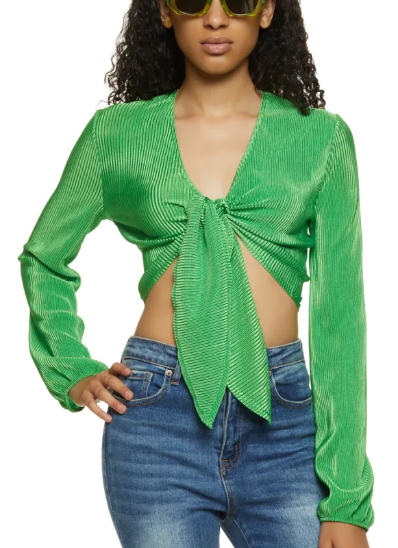 Plisse Tie Front Crop Top sold by Rainbow