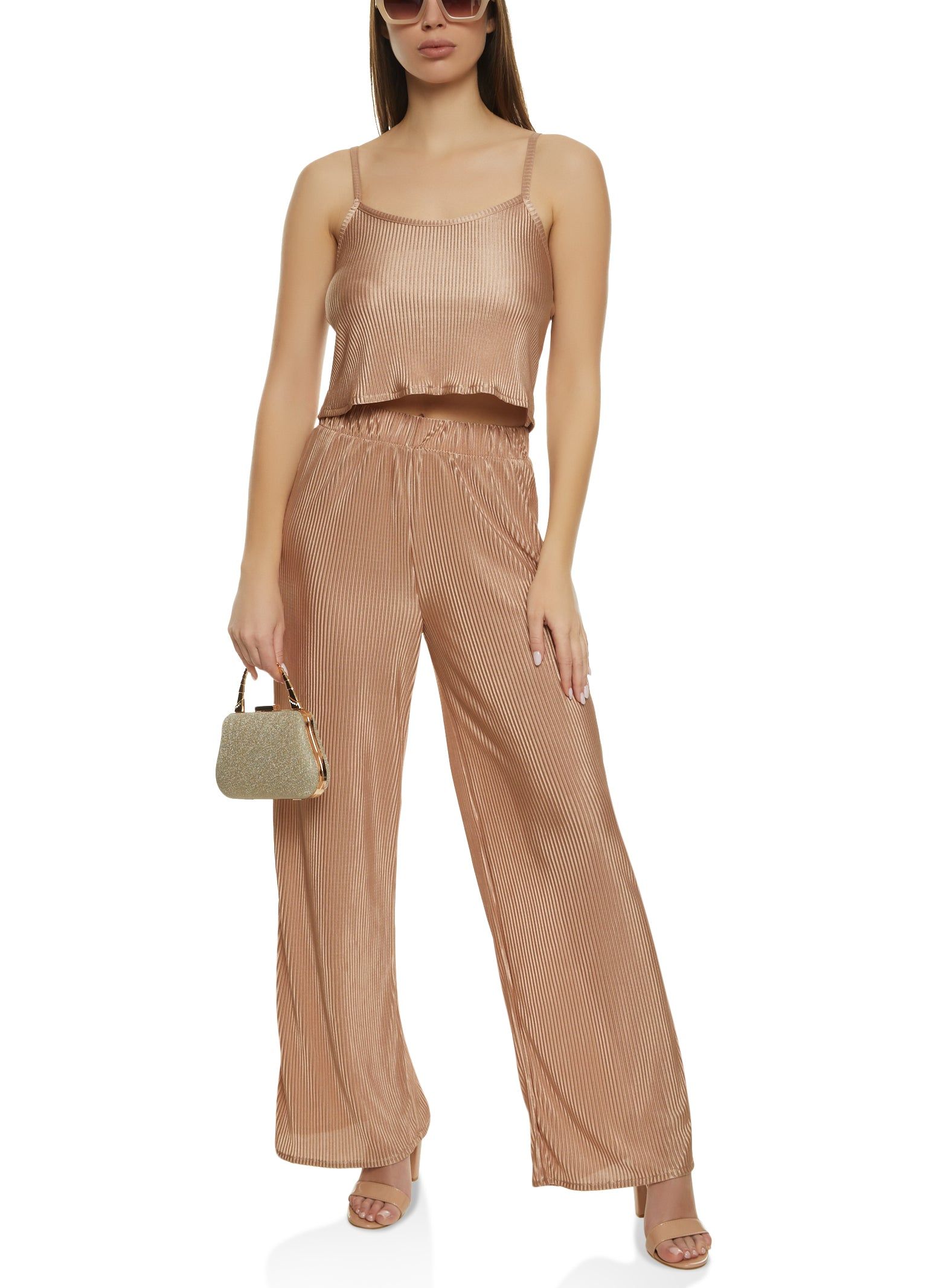 Plisse Scoop Neck Cami and Wide Leg High Waisted Pants sold by Rainbow