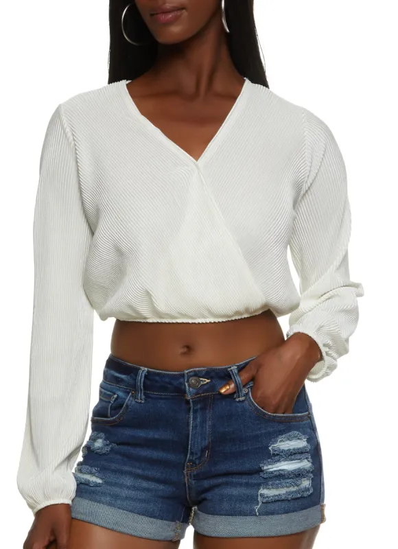 Plisse Long Sleeve Wrap Crop Top sold by Rainbow