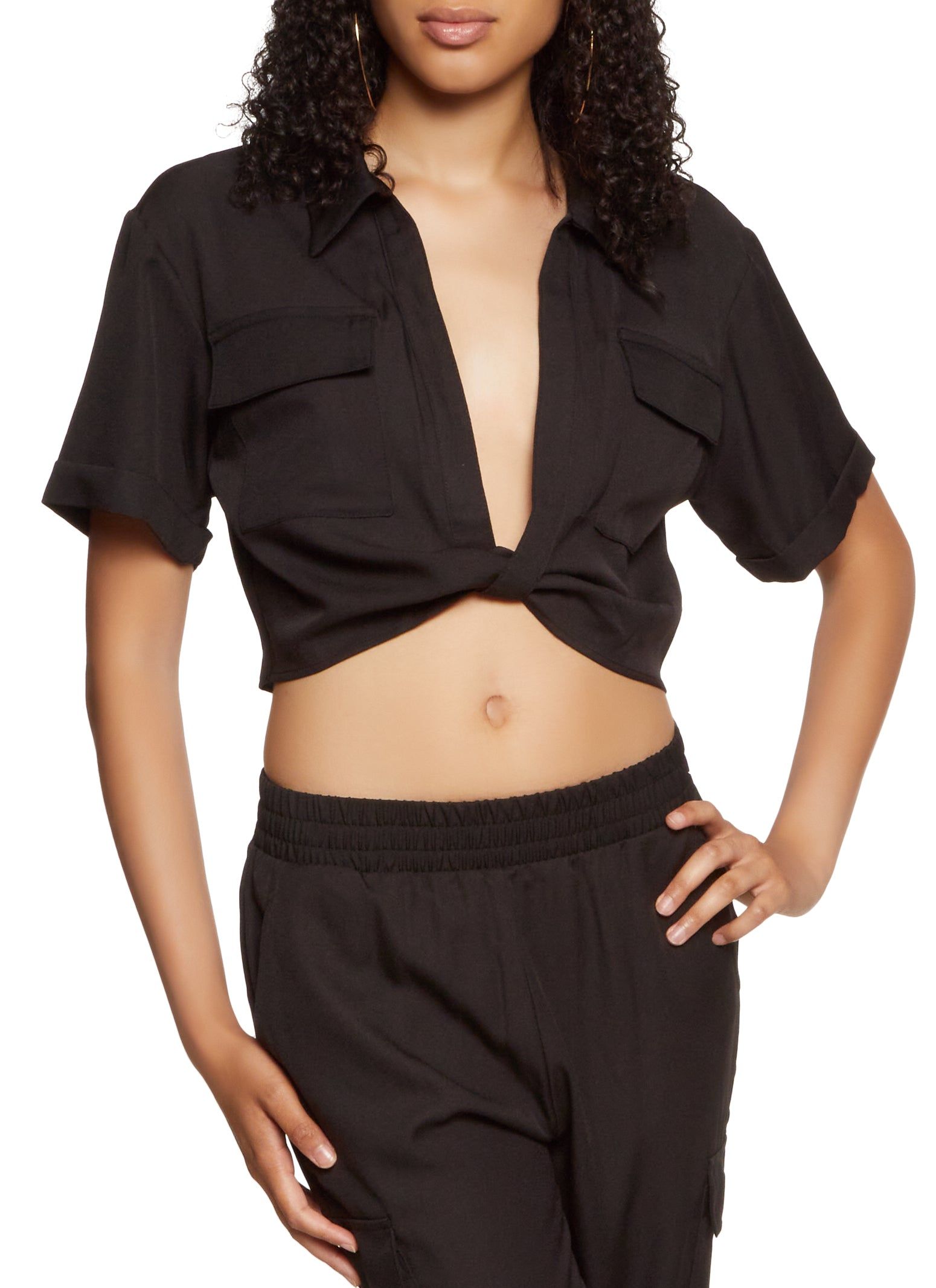 Crepe Knit Twist Front Pocket Shirt sold by Rainbow