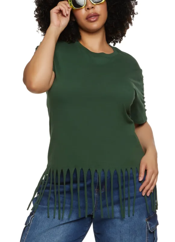 Plus Size Laser Cut Fringe Hem Tee sold by Rainbow